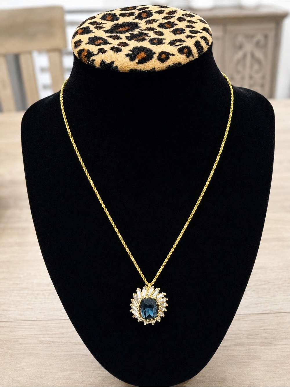 Christian Dior Gold Tone Blue Crystal Rhinestone Pendant Necklace Authenticated